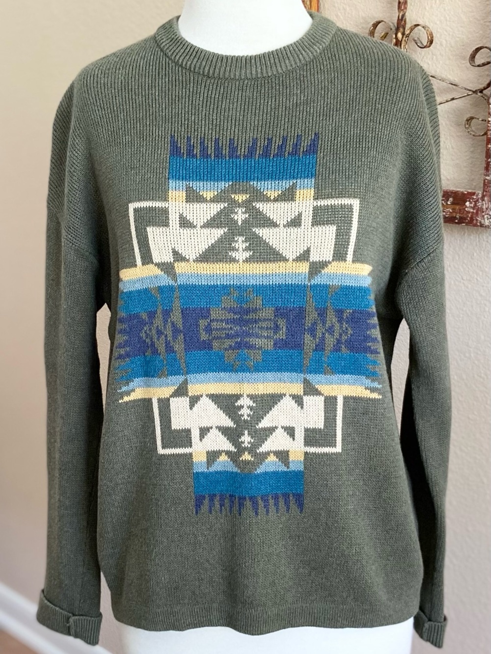 Sweater - Pullover - Pendleton - Bottle Green - Chief Joseph Pattern Front - L - Picture 8 of 9